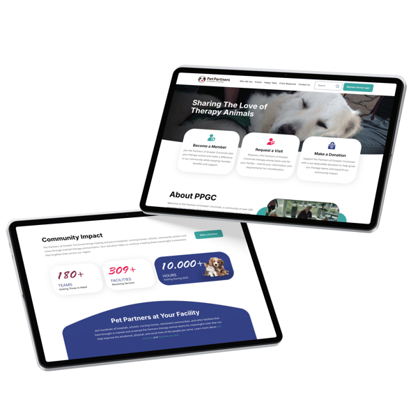 2 iPads displaying Pet Partners of Greater Cincinnati Homepage Screens